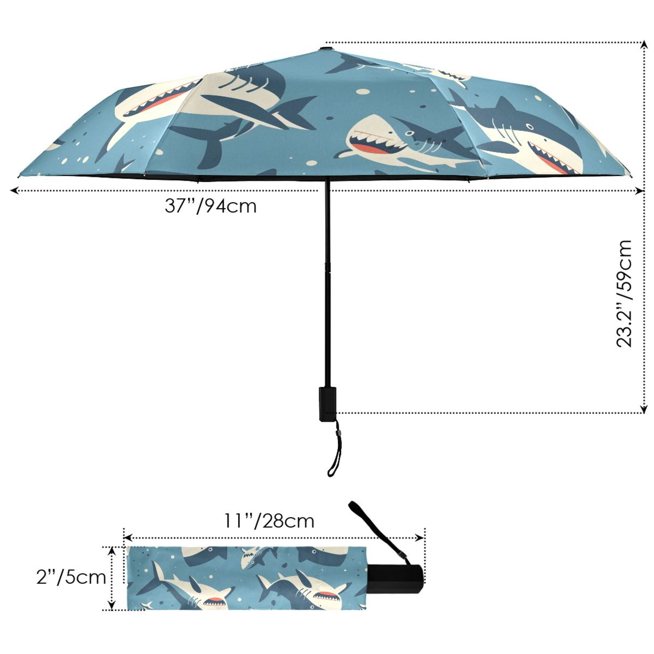 Compact Sun Umbrella Windproof Travel Umbrellas for Rain Strong Portable UV Protection Cute Cartoon Sharks