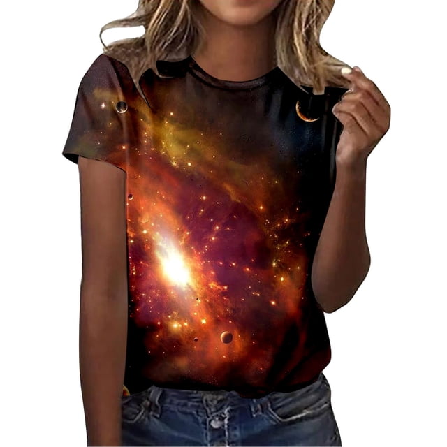 TINZ Titre : T-Shirt à Col Rond à Manches Courtes à Imprimé Galaxie pour Femmes T-Shirt Rayé pour Femmes Chandails d'Entraînement pour Femmes Chandails Unis Simples Femmes
