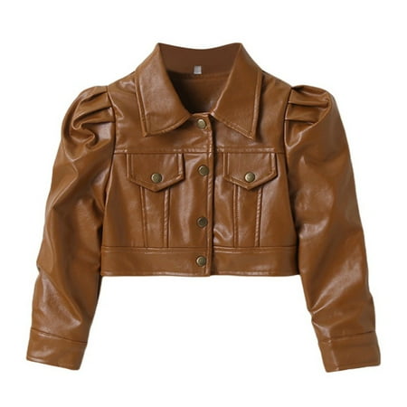 

Feiona-Girls PU Jacket PU Leather Motorcycle Jacket Single Breasted Zipper Outerwear Long Sleeve Jacket