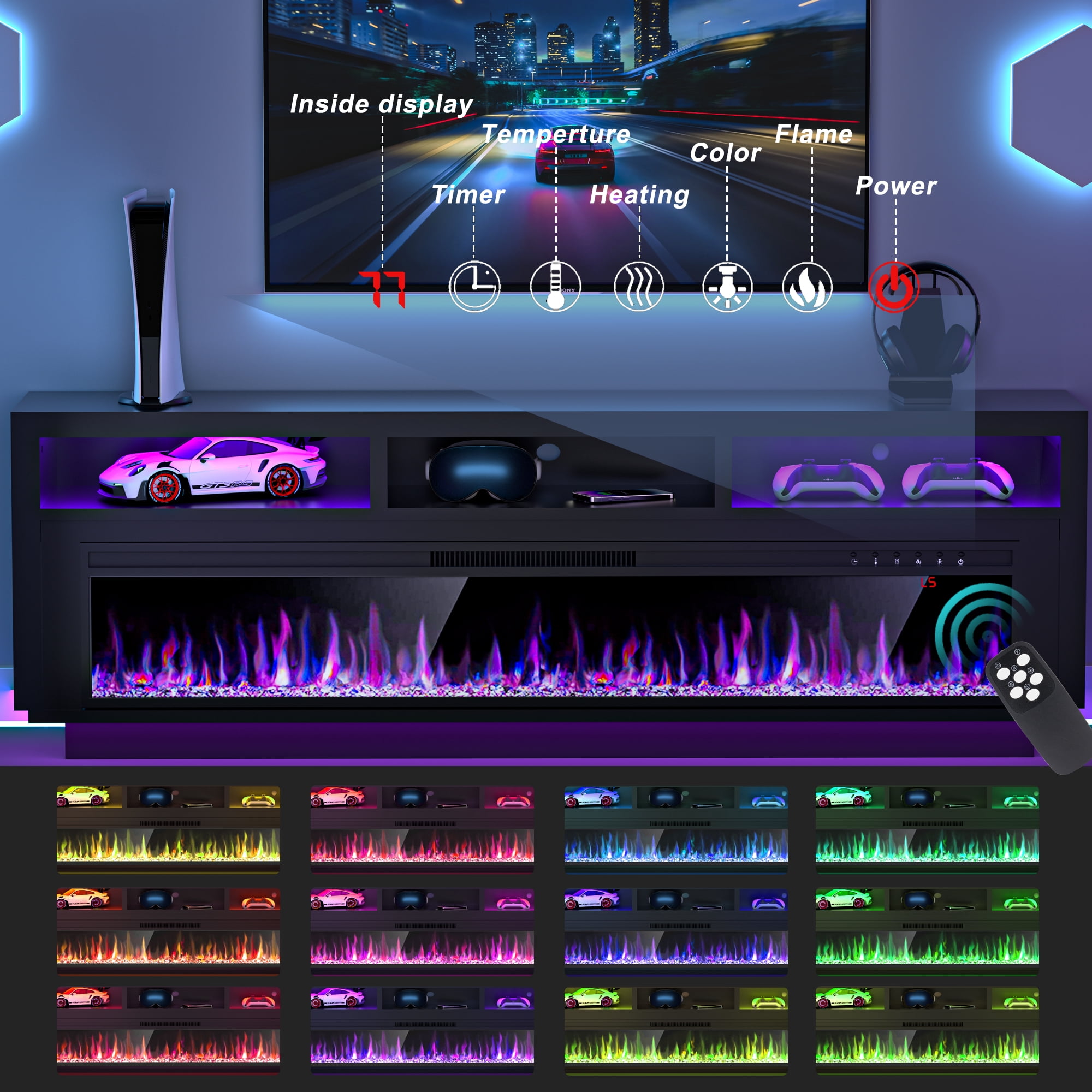 HARIPUL 58'' Fireplace TV Stand w/ LED Light & Storage Cabinet, Electric Fireplace for TVs up to 65 inches, Black