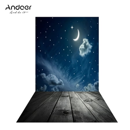 Andoer 1.5 * 0.9m/4.9 * 3.0ft Backdrop Photography Background Twinkle Moon Star Wood Floor Picture for DSLR Camera Children Newborn Wedding Photo Studio (Best Dslr For Star Photography)