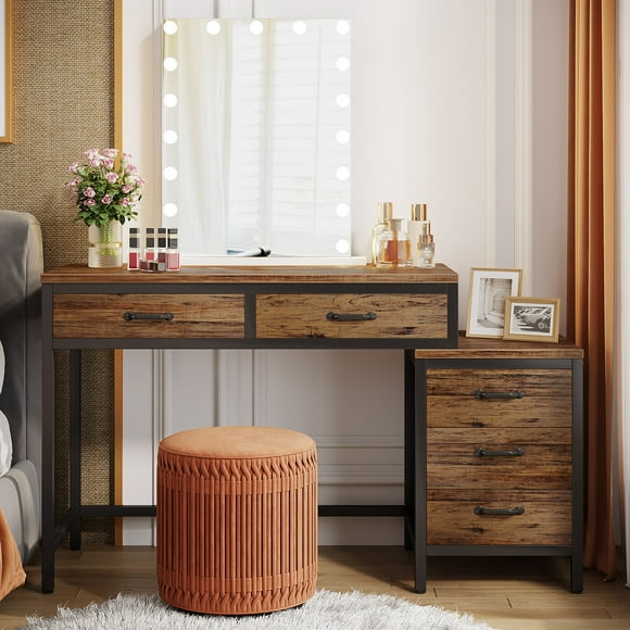 Vanity Desk with 5 Drawers, Makeup Vanity Table Dressing Table (Without Mirror), Rustic Brown