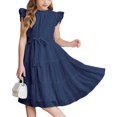 thumbnail image 1 of Robes pour Filles Taille 6 Robe Unie Col Rond Taille Nouée Ourlet à Volants Marine, 1 of 1
