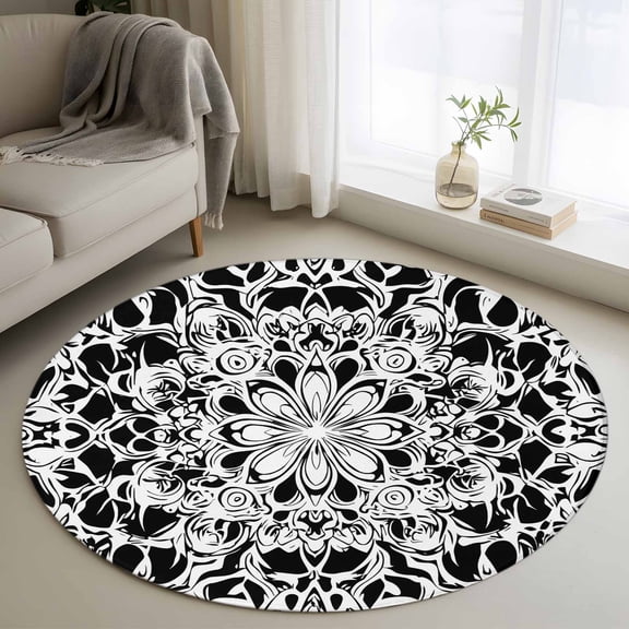 White Black Spring Floral Round Rug 3ft Washable Circle Entryway Rugs Non Slip Abstract Art Summer Flower Area Rug Indoor Floor Carpet for Bedroom Kitchen Living Room Home Office Dining Room Nursery