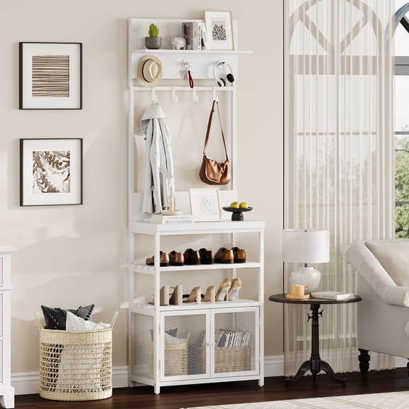 Studyset Modern Hall Tree, Hall Tree with Doors White 72.8in Coat Rack Shoe Storage Narrow Coat Tree, 72.8in Coat Rack Shoe Storage with Hooks, 5-Tier Hall Tree Freestanding