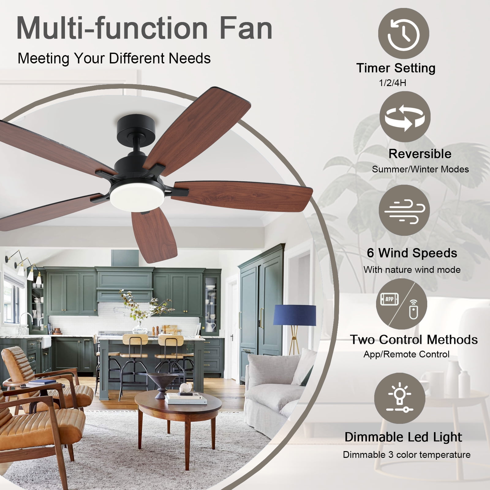 Low Profile Ceiling Fan with Lights, 52 inch Modern Brown Ceiling Fans with Lights APP/Remote Control,6 Speeds Ceiling Fan Light for Indoor/Outdoor Patio Bedroom Living Room