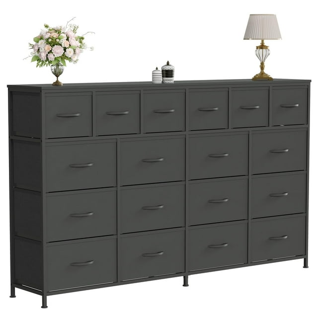 Commode de 63 Pieds' L avec 18 Tiroirs en Tissu, Commode pour Chambre avec Station de Recharge, Noir