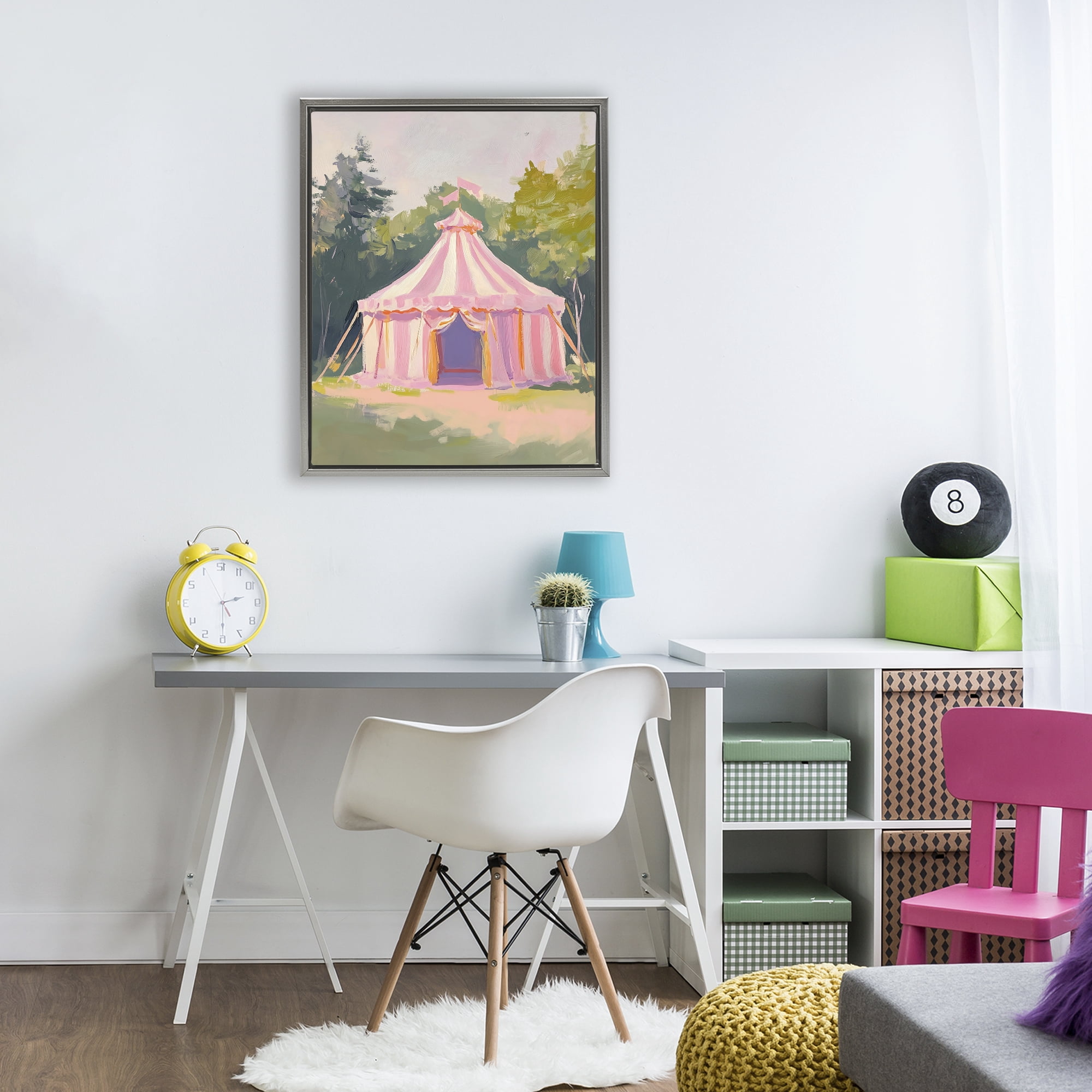 Stupell Industries Pink Circus Tent in Meadow Gray Framed Floater Canvas Wall Art, design by The Prints Vibe
