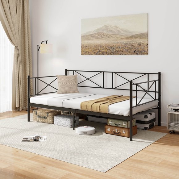 Gymax Twin Size Metal Daybed Modern Platform Bed w/ Heavy-duty Metal Slat Support Black