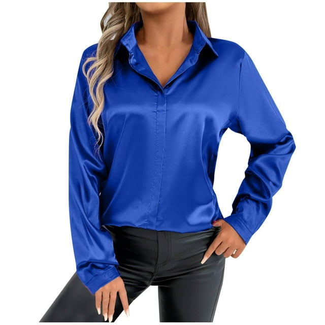 Liquidation de Hauts pour Femmes! Chemises Boutonnées pour Femmes en Satin pour le Bureau - Tunique Décontractée à Manches Longues et Col Rabattu, Bleu m