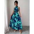 thumbnail image 4 of Teal Blue Floral Halter Neck Maxi Dress With Tie Waist For Elegant Commute Or Vacation, 4 of 7