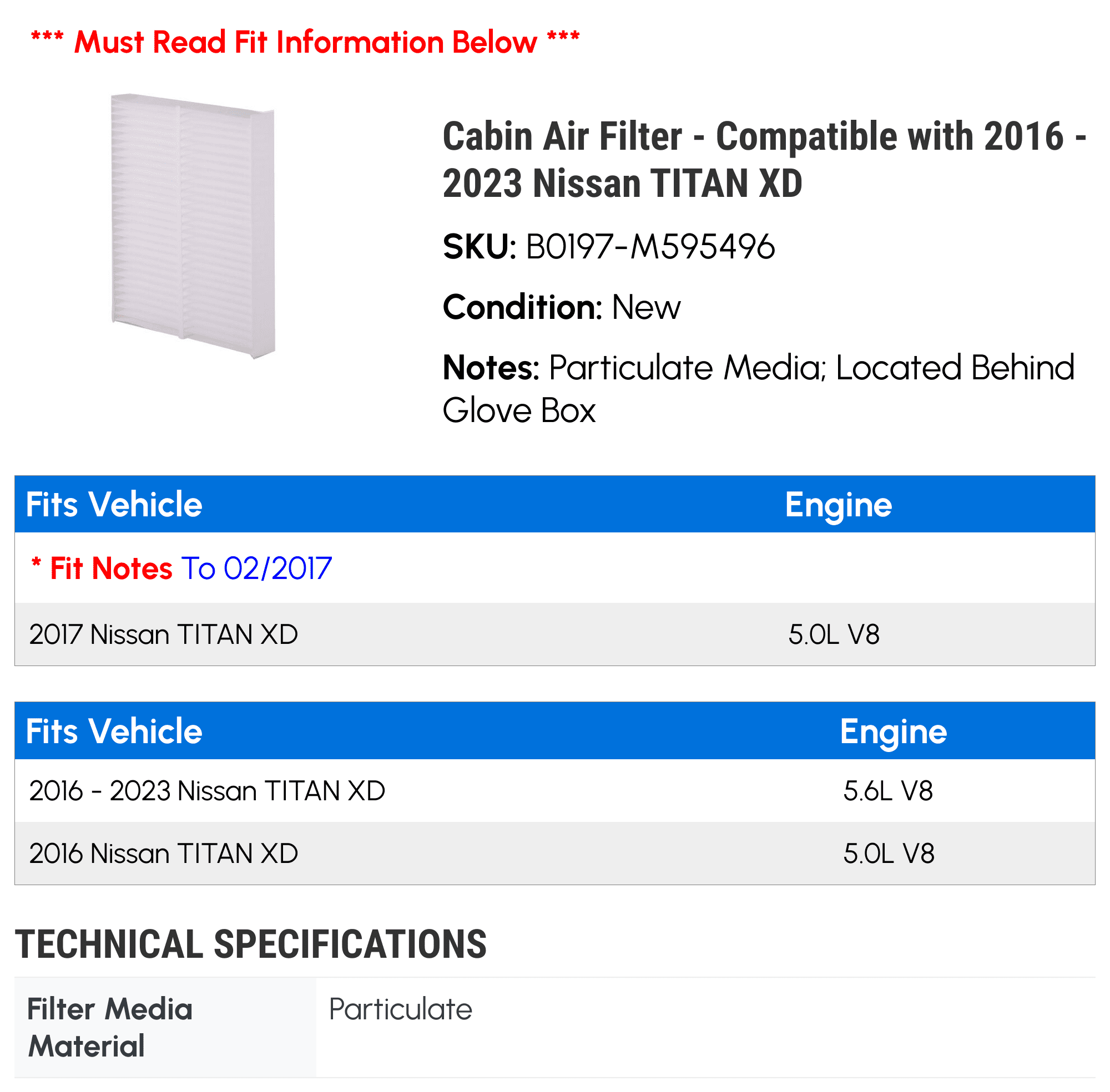 Cabin Air Filter - Compatible with 2016 - 2023 Nissan TITAN XD 2017 2018 2019 2020 2021 2022