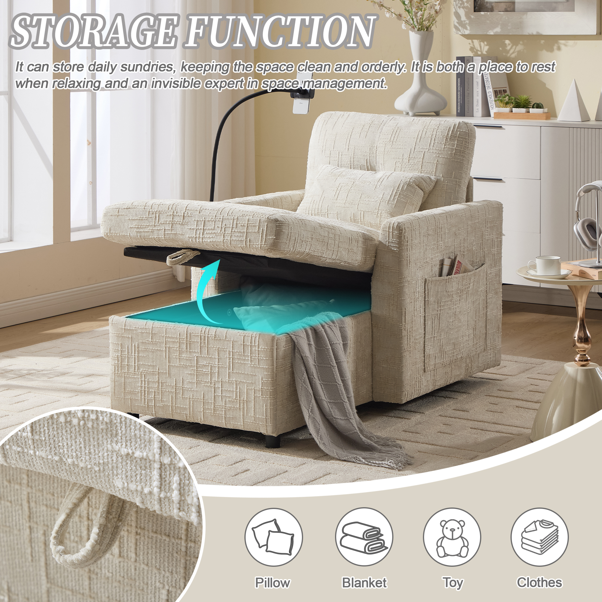 MOONMISS Chenille Upholstered Storage Lazy Single Leisure Chair Sofa with Phone Holder&Side Pocket-Beige
