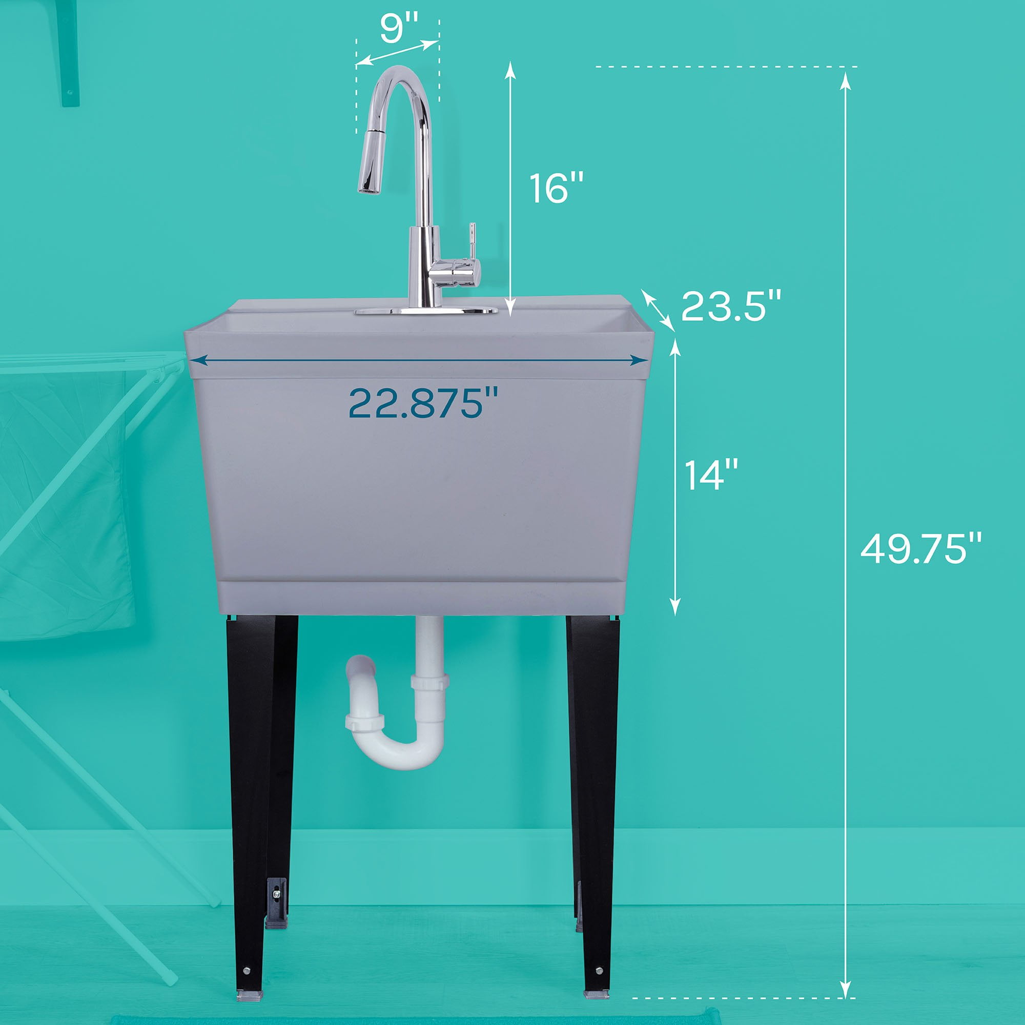 Tehila Grey 19 Gallon Utility Sink with High-Arc Chrome Pull Down Faucet