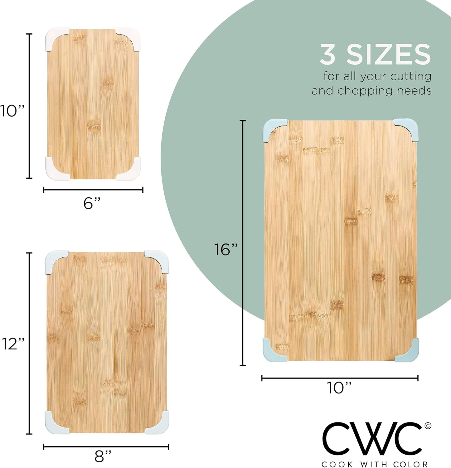 COOK WITH COLOR 3-Piece Bamboo Cutting Board Set, Non-slip Chopping Board Kitchen Utensils Set Home Essentials, Sage Edge