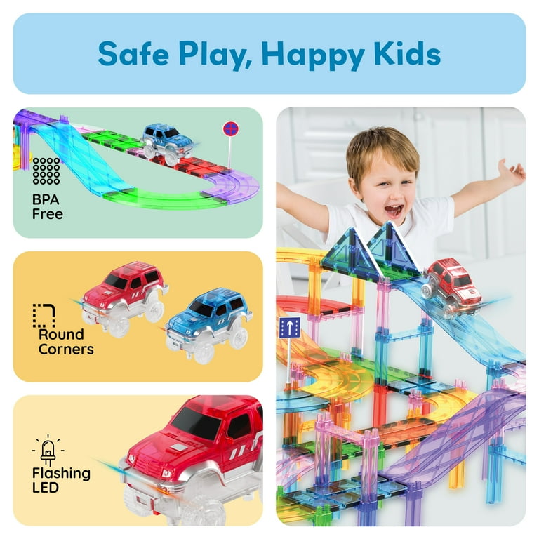 PicassoTiles PC Magnetic LED Race Cars, Construction Game for