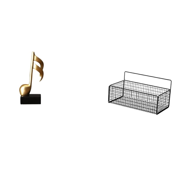 Escultura de nota musical de resina, centro de mesa con estantes de metal y cesta de alambre para escritorio, chimenea, cocina, baño, sala de estar.