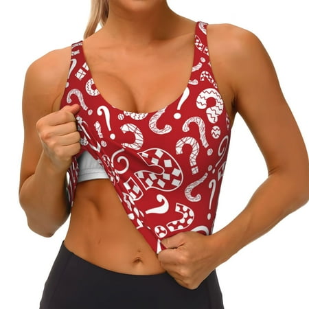 Qokaie Question Marks1 Pattern Womens Scoop Neck Sports Bra Breathable Workout Vest Padded U Back Medium Impact Fitness Gym Yoga Bra Workout Crop Top