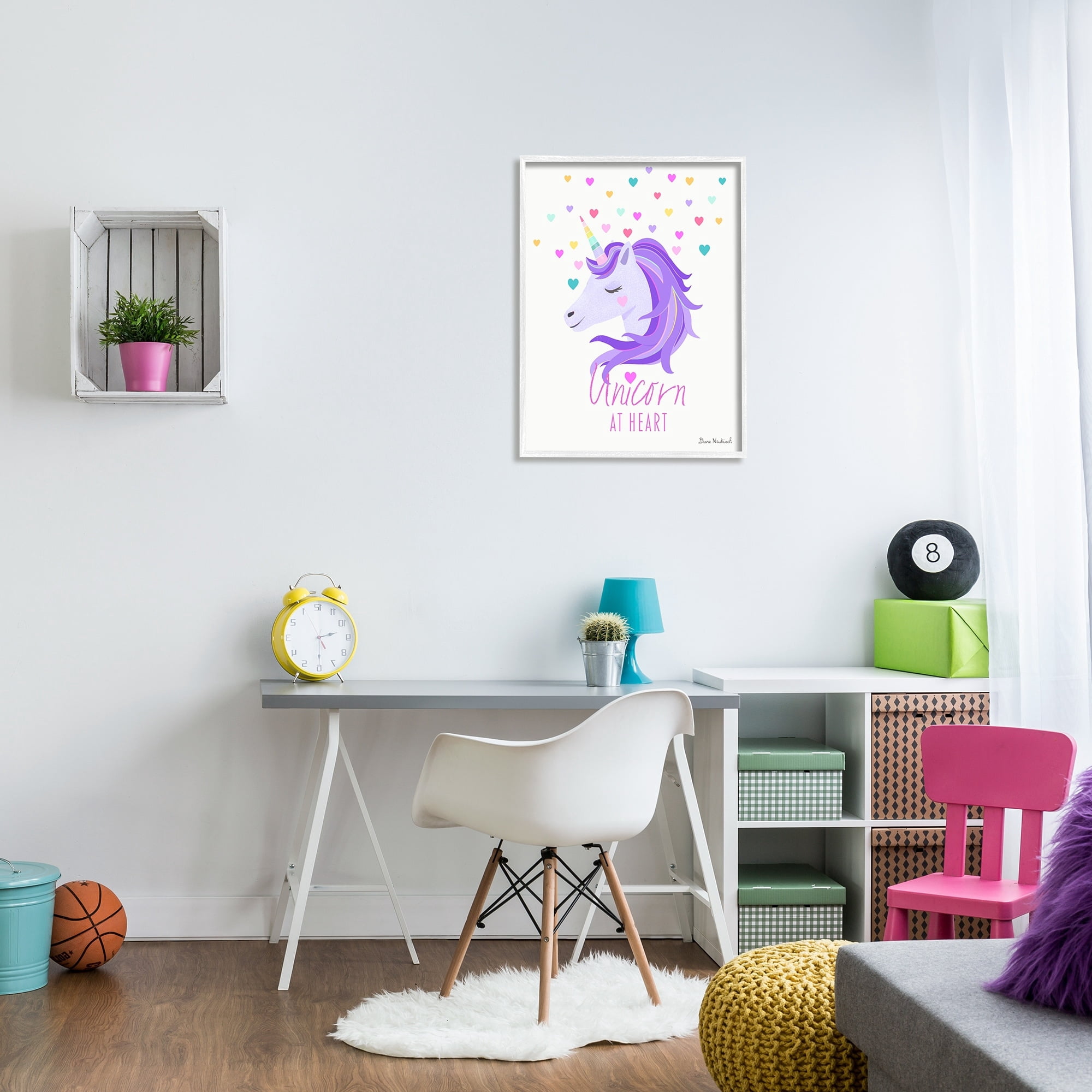 Stupell Industries Unicorn At Heart Phrase Pastel Purple Hearts Pattern Graphic Art White Framed Art Print Wall Art, Design by Diane Neukirch