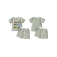 thumbnail image 2 of BemeyourBBs Toddler Baby Boys Summer Clothes Waffle Knit 2 Piece Outfits Excavator Truck Vehicles Embroidery Short Sleeve T Shirt Tops and Pockets Shorts Set, 2 of 9