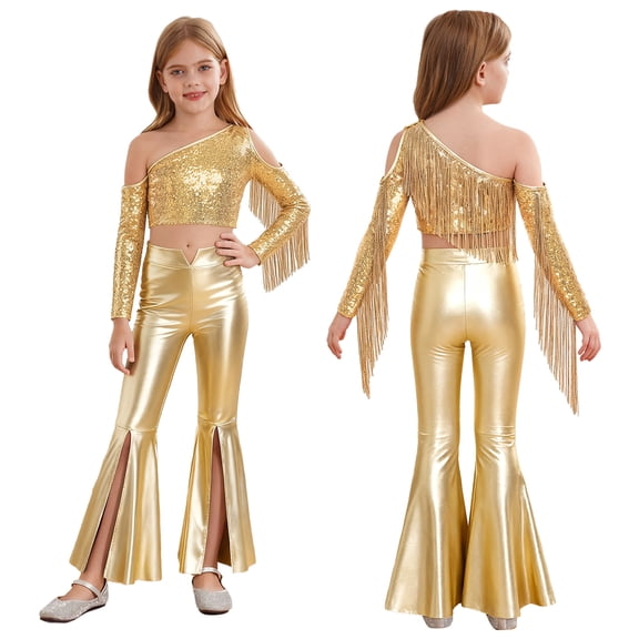 iiniim Girls Sparkly Dance Outfits Sequin Crop Top and Metallic Flare Pants Kids Hip Hop Disco Gold 8