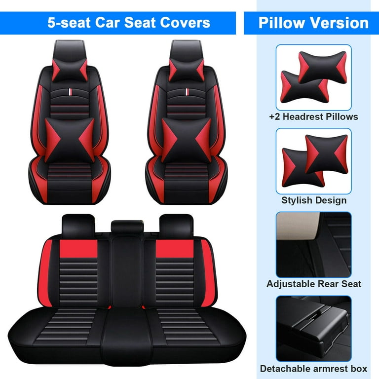 For 2000-2024 Kia Seltos Soul Optima Sorento RIO5 Car 5 Car Seat Covers  Front/Rear Full Set+ 4 Pillows Cushion Luxury PU Leather Protector  Waterproof Black&Red 