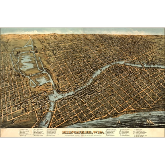 24"x36" Gallery Poster, Milwaukee birdseye view map by Bailey (1872)