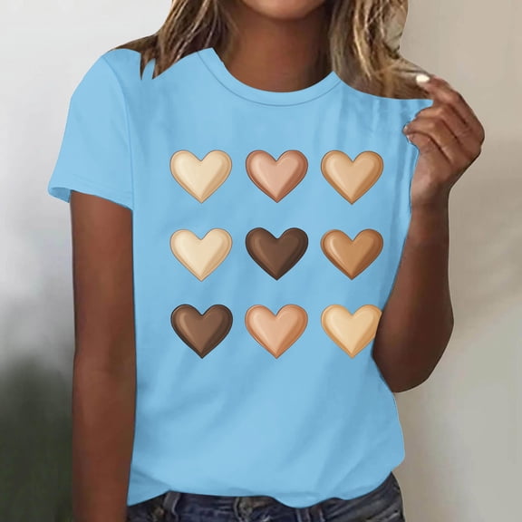ClodeEU Women Cute Tops Heart Graphic Tees,Printed Crewneck Short Sleeve T Shirts Light Blue,Womens Plus M