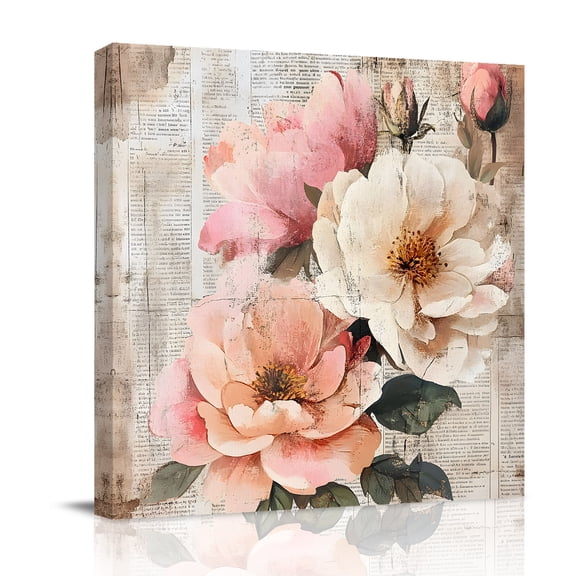 Canvas Wall Art, Pink Spring Floral Framed Canvas Prints for Bedroom Office, Vintage Pastoral Flowers Summer Botanical Large Gallery Wrapped Wall Decor for Home Office, Gifts, 16"x16" Ship Next Day