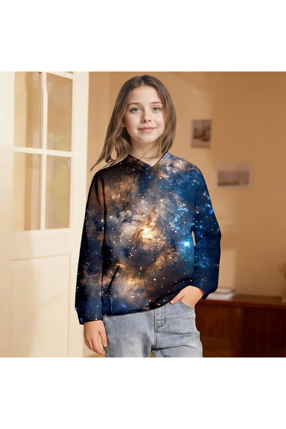 Girls 3D Solar System Graphic Hoodies Long Sleeve Sweatshirt Kangaroo Pocket Classic Casual Relaxed Fit Fall Pullover Top
