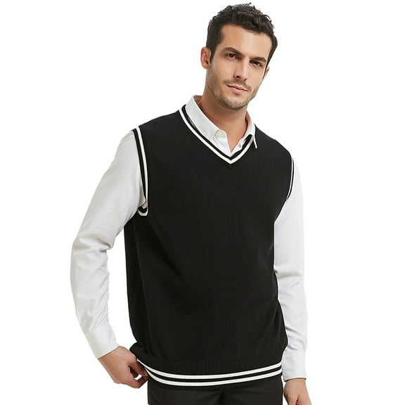 Toptie Men Women Knitted Cotton V-Neck Vest JK Uniform Pullover Sleeveless Sweater School Knitwear-Black-L