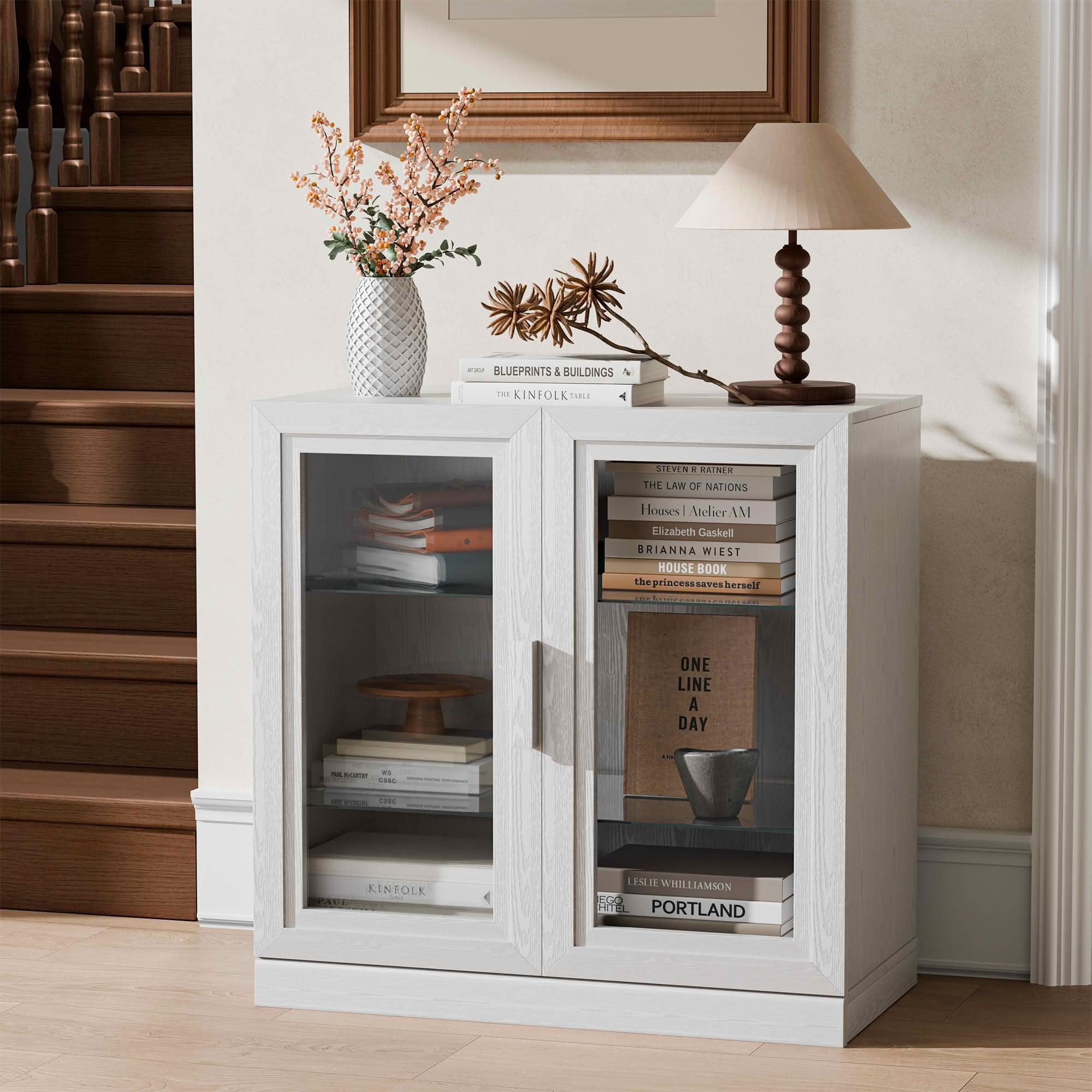 MAYEERTY 31x31x16 Inch White Wood Grain Storage Cabinet with Glass Door for Living Room