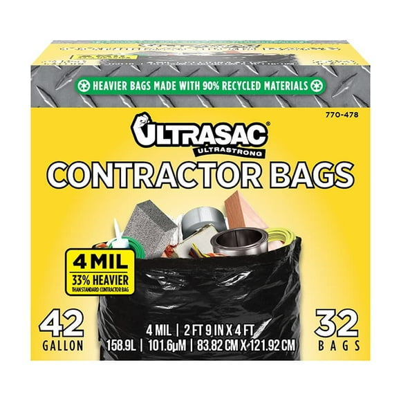 Ultrasac Extra Heavy Duty Contractor Bags - 42 gallons 4 Mil (32 Pack w/Ties) - 33"" x 48"" Extremely Thick and Tough Professional Trash Bag for Construction, Commerical, Industrial, Yard, Outdoor use