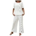 thumbnail image 1 of Traje pantalón liso con botones para mujer: conjunto de top de manga corta y pantalón con abertura, poliéster, estilo informal y elegante, tallas S-XXL, 1 of 8