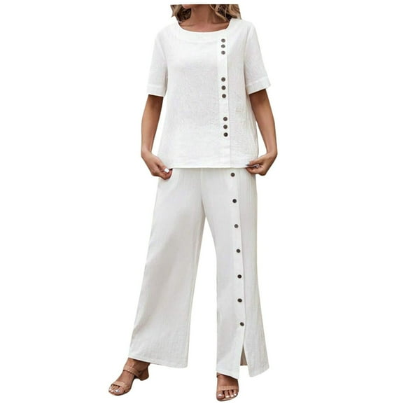 Traje pantalón liso con botones para mujer: conjunto de top de manga corta y pantalón con abertura, poliéster, estilo informal y elegante, tallas S-XXL