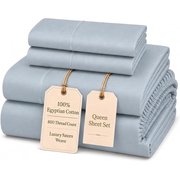 Queen Size 4-Piece Egyptian Cotton Sheet Set in French Blue 800 Thread Count Sateen Weave 15 Inch Deep Pocket
