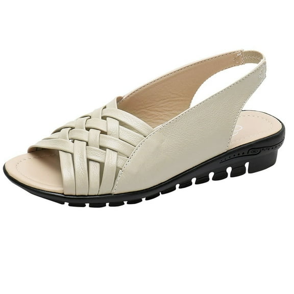 Anuirheih Summer Women Shoes Leather Flat Sandals Open Toe Mother Wedges Casual Sandals Sandals Women (Beige)