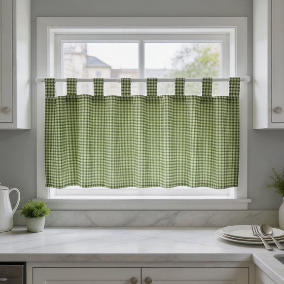 Checkered Short Curtain with Rod Pocket, Cotton Linen Kitchen Window Valance, Coffee Curtain for Bedroom and Kitchen Window
