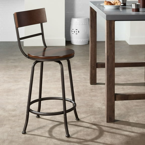 Elm Lane Langdon Glitter Bronze Swivel Bar Stool Brown 24 1/4" High Industrial Wood Seat with Backrest Footrest for Kitchen Counter Island Home Shed