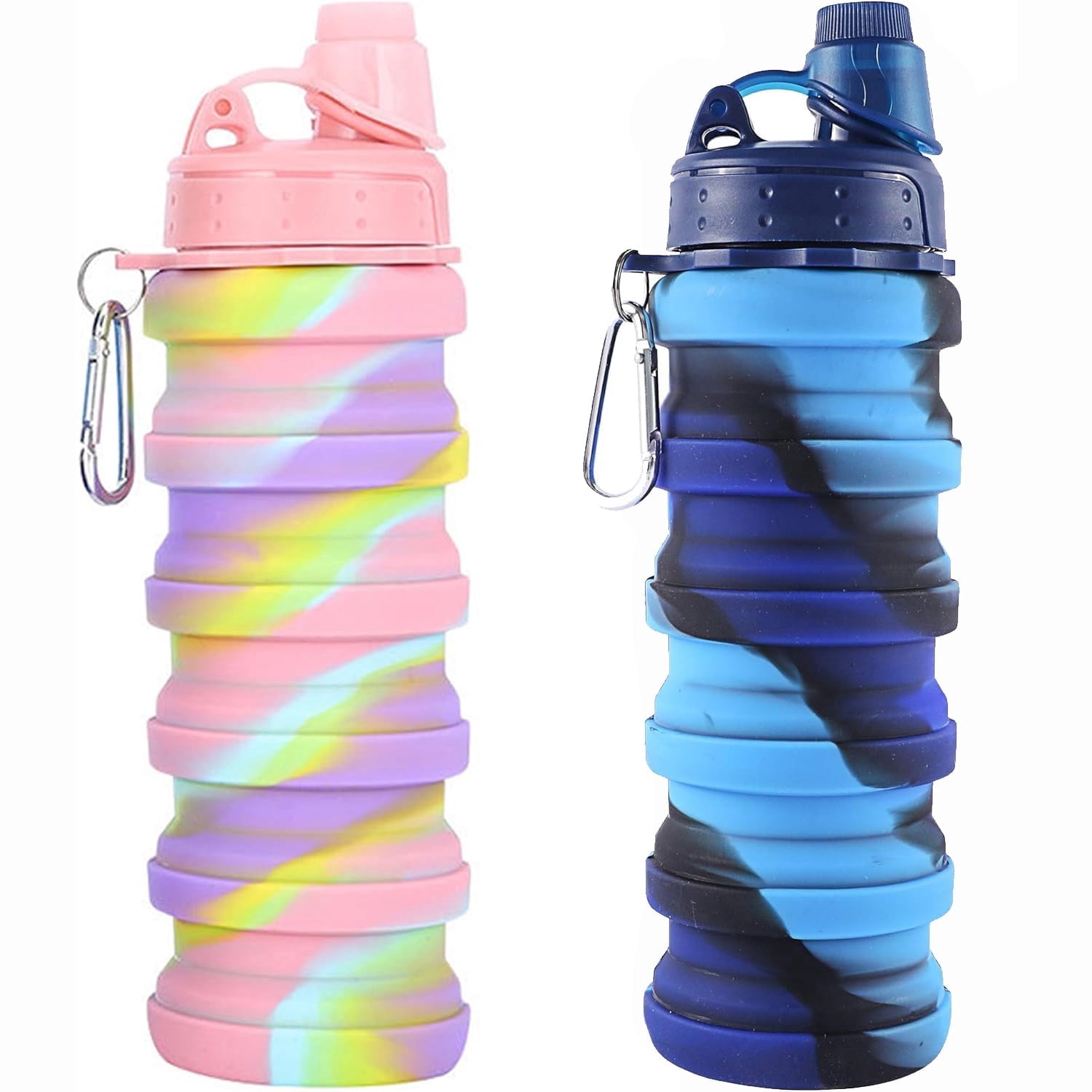 2pcs 16.7oz Collapsible Water Bottles Sports Portable Sport Water Bottle Reusable Water Bottles comes with mountaineering Buckle silicone Water-proof camping water bottle Blue+Pink camouflage
