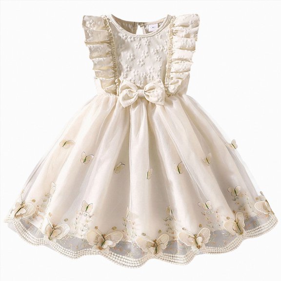 Splozh Toddler Birthday Dress 3T 4T 5T 6T 7T Girls Dress Spaghetti Strap Pearl Belt Ruffle Hem Party Formal Dress,White,4-5 Years