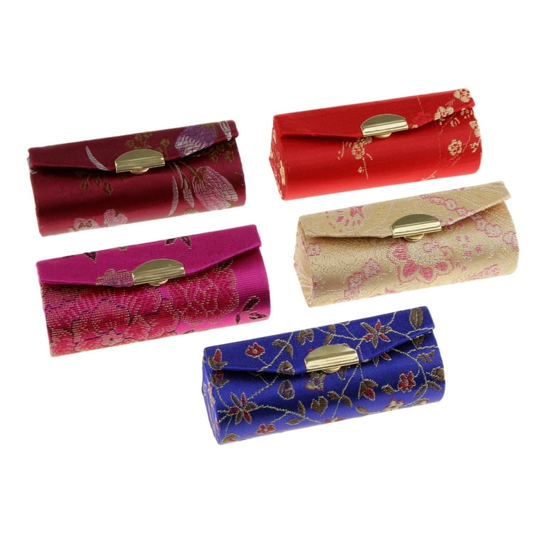 5 Pieces Lipstick Case Holder With Mirror,Chinese Traditional Flower Design  Makeup Jewelry Holder Box Lip Carry Case Travel Random Color 