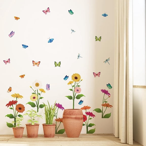Colorful Butterfly Wall Decals Gerbera Dragonfly Green Plant Wall Stickers Peel and Stick Removable Vinyl Wall Stickers DIY Art Wall Decors for Living Room Bedroom Nursery Classroom Colorful