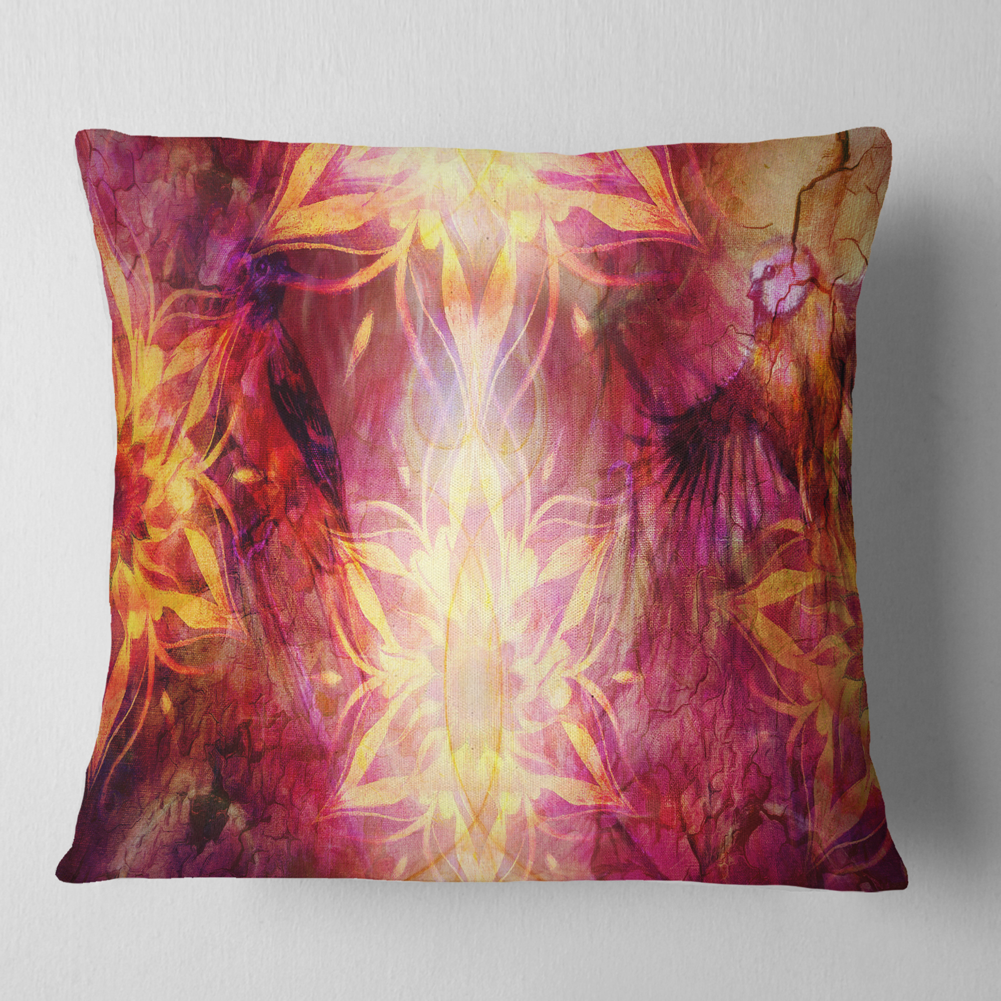 Designart Titmouse Birds and Golden Mandala - Abstract Throw Pillow - 18x18