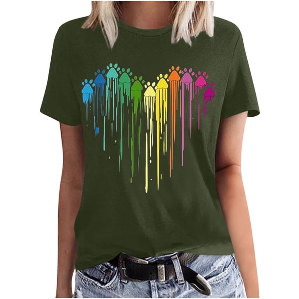 Camisetas de Manga Corta para las Mujeres Impresas Cuello Redondo Casual Camiseta, 95% Poliéster 5% Spandex Vintage Ligero Top para Diario, Fiesta Y Primavera