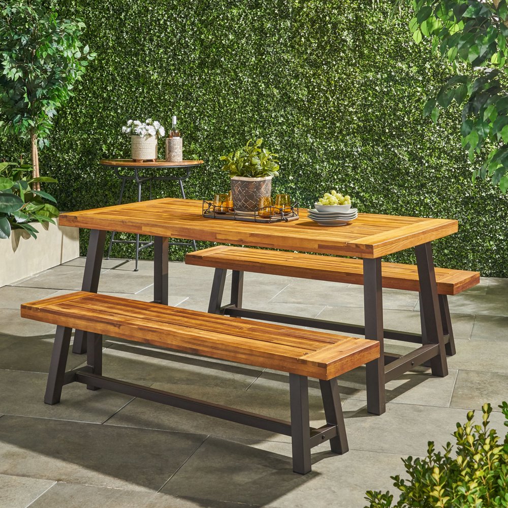Finca Outdoor Modern Industrial 3 Piece Acacia Wood Picnic Dining Set