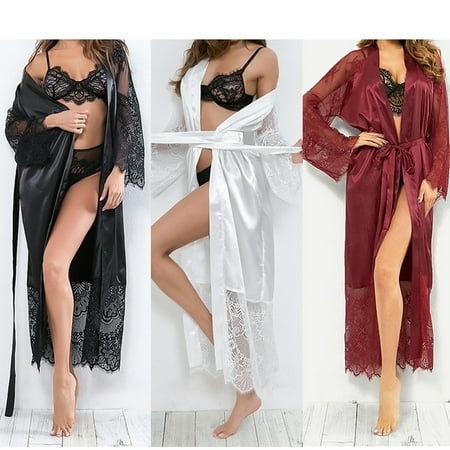 

GuliriFei Women Kimono Robe Silk Floral Lace Babydoll Lingerie Sheer Mesh Nightgown