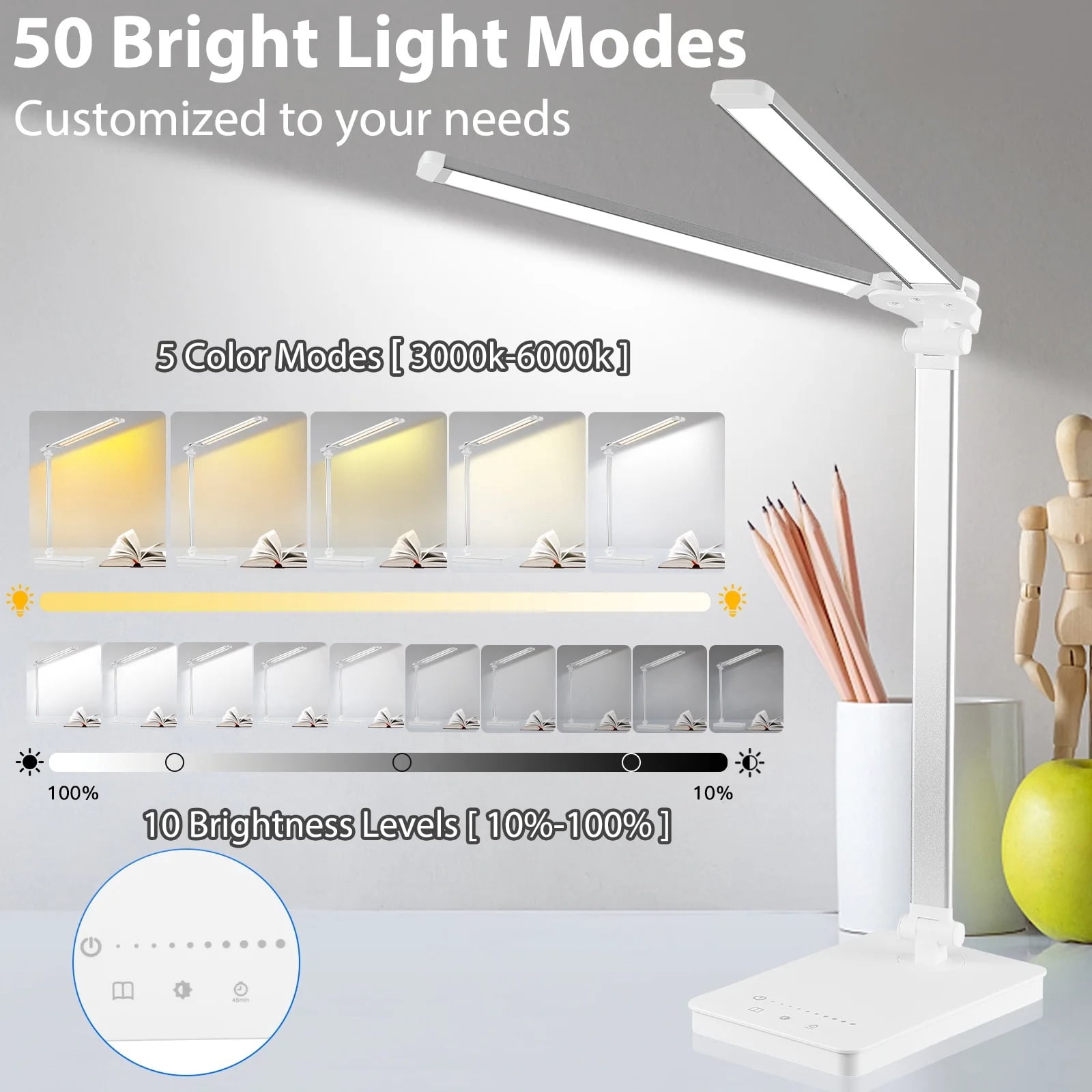 Slssqhz Adjustable Foldable Desk Lamp for Home Office,Double Swing Arm Bright LED Desk Light,Eye-Caring Architect Task Lamp,Touch Control Desktop Lamp Dimmable Table Desk Light for Work/Study/Craft