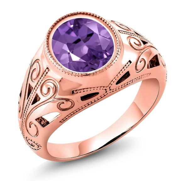Gem Stone King 4.05 Ct Oval Purple Amethyst 18K Rose Gold Plated Silver Men's Ring