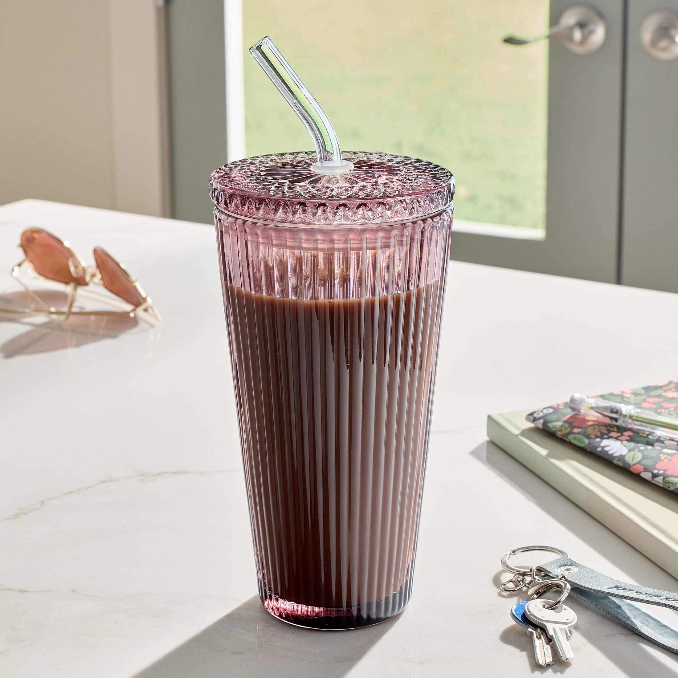 Better Homes & Gardens 21 oz Purple Ribbed Glass Tumbler with Glass Lid and Straw